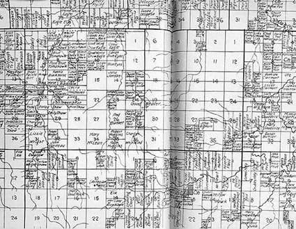Map of allotments drawn on paper with grids indicating different sections.